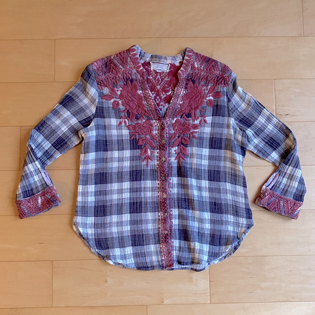 Johnny Was White And Gray Plaid Embroidered Button Down